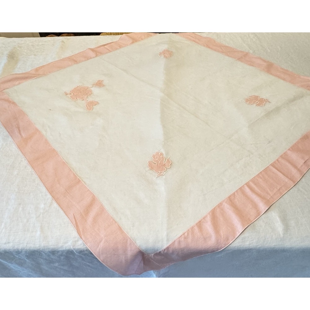Vintage Madeira Organdy Table Square 41.5" Pink Floral Appliqué Charleston‎